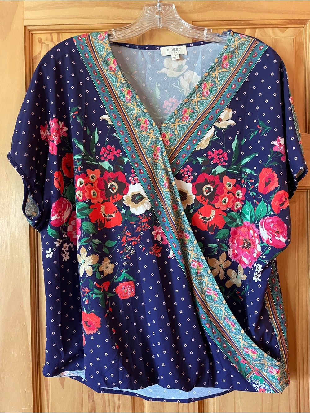 Umgee Navy Floral Wrap Blouse with Pink & Red Blooms